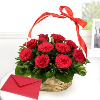 Red rose basket with greeting card Online flower delivery in Jaipur Delivery Jaipur, Rajasthan